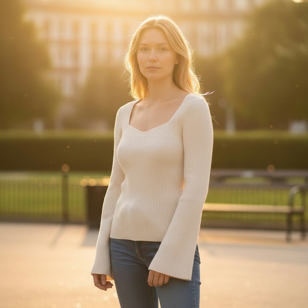 Jessica Simpson Cream Ribbed Sweater with Sweetheart V-Neckline and Bell Sleeves
